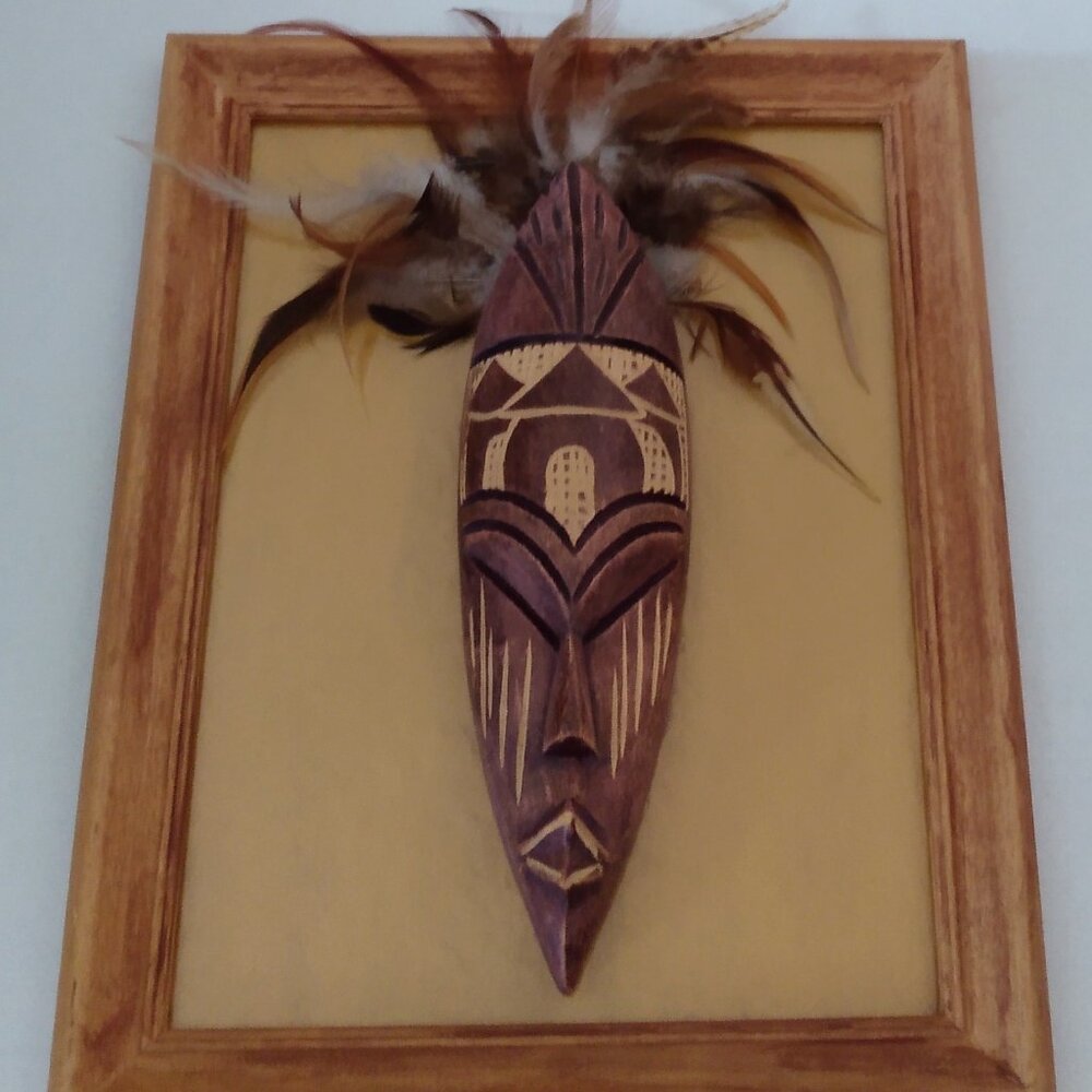 Very Unique African Tribal Mask With Feathers Framed World Art ~ Swahili